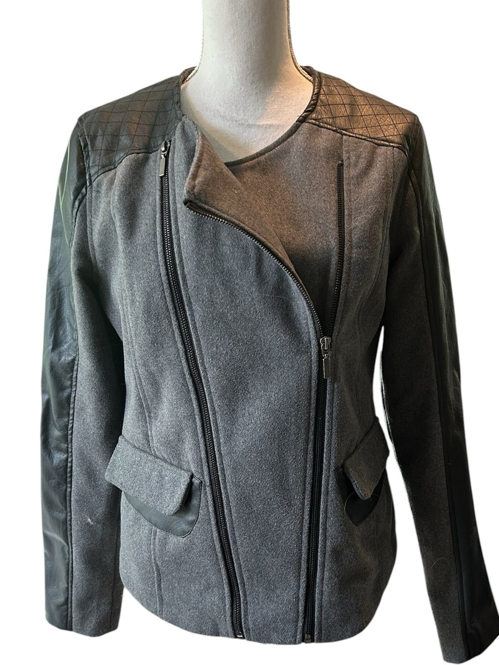 Yoki Two-Tone Grey Moto Jacket with Quilted Shoulders